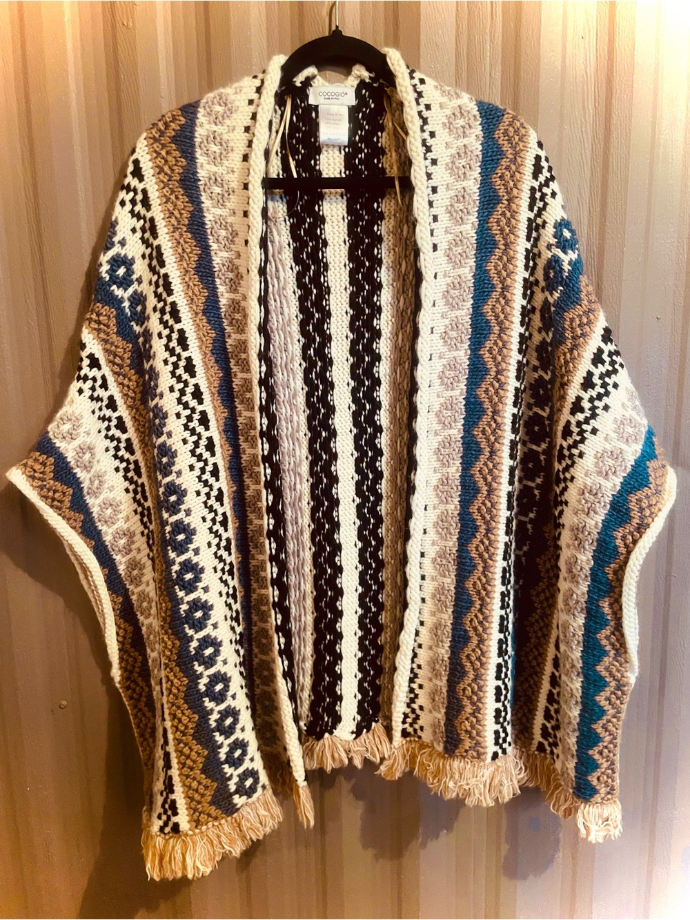 Cocogio Poncho Sweater cape Made in Italy Wool Blend Fringe Stripe Chunky Knit